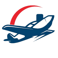 a blue and red airplane logo with a crescent moon